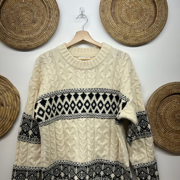 Line and Dot Montana Faire Isle Sweater Medium Chunky Knit Oversized Cream Black - Picture 5 of 8